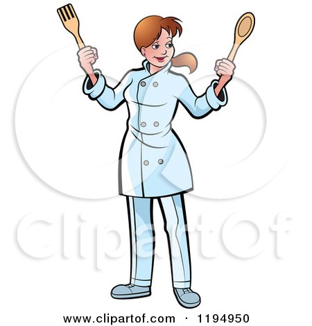 Clipart of a Female Chef Holding a Spatula and Spoon - Royalty Free Vector Illustration by Lal Perera