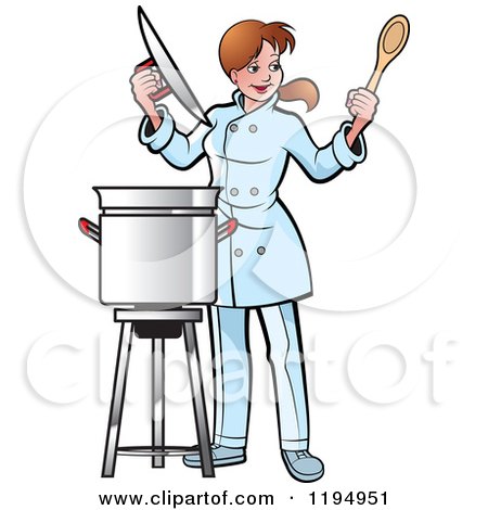 Clipart of a Female Chef Holding a Pot Lid and Spoon - Royalty Free Vector Illustration by Lal Perera