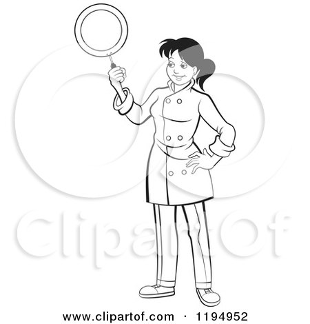 Clipart of a Black and White Female Chef Holding up a Pan - Royalty Free Vector Illustration by Lal Perera