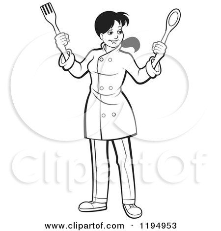 Clipart of a Black and White Female Chef Holding a Spatula and Spoon - Royalty Free Vector Illustration by Lal Perera