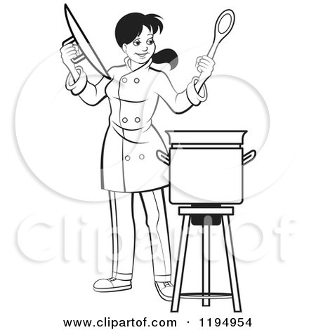 Clipart of a Black and White Female Chef Holding a Pot Lid and Spoon - Royalty Free Vector Illustration by Lal Perera