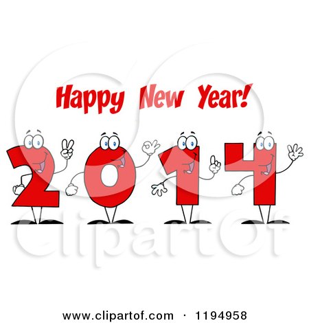 Cartoon of Red 2014 Number Characters Under Happy New Year Text - Royalty Free Vector Clipart by Hit Toon