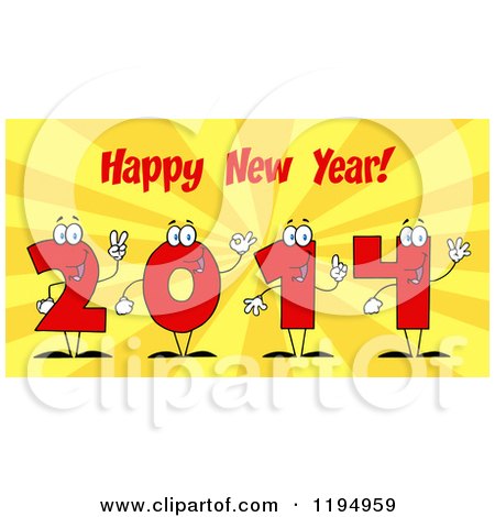 Cartoon of Red 2014 Number Characters Under Happy New Year Text over Rays - Royalty Free Vector Clipart by Hit Toon