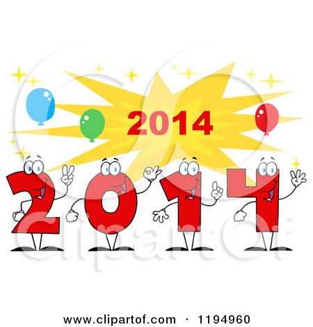 Cartoon of Red New Year 2014 Number Characters over a Burst with Balloons 2 - Royalty Free Vector Clipart by Hit Toon