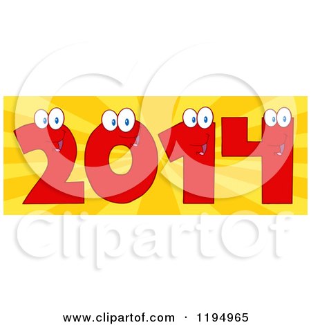 Cartoon of Red New Year 2014 Number Characters over Rays - Royalty Free Vector Clipart by Hit Toon