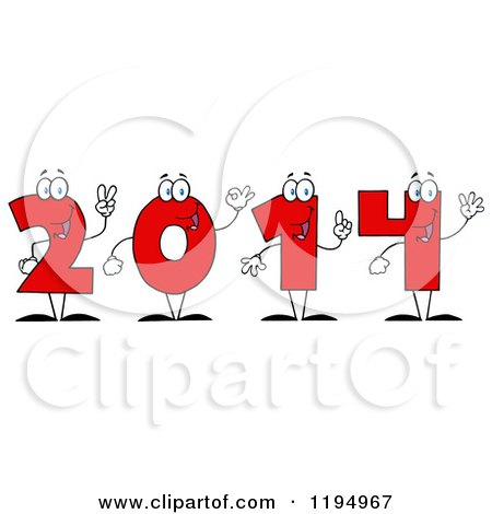 Cartoon of Red New Year 2014 Number Characters Counting with Their Hands - Royalty Free Vector Clipart by Hit Toon