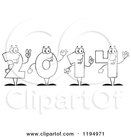 Cartoon of Outlined New Year 2014 Number Characters Counting with Their Hands - Royalty Free Vector Clipart by Hit Toon