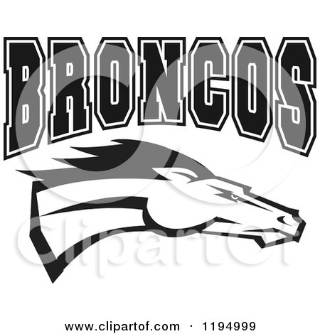 Clipart of a Black and White Running Horse and BRONCOS Text - Royalty Free Vector Illustration by Johnny Sajem