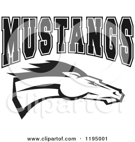 Clipart of a Black and White Horse Head with MUSTANGS Team Text - Royalty Free Vector Illustration by Johnny Sajem