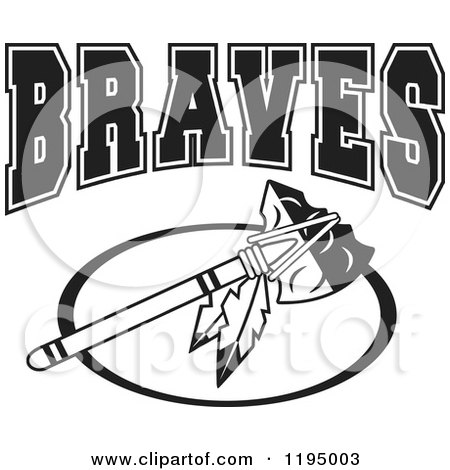 Clipart of a Black and White Tomahawk with BRAVES Team Text - Royalty Free Vector Illustration by Johnny Sajem