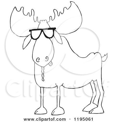 Cartoon of an Outlined Cool Moose Wearing Sunglasses - Royalty Free Vector Clipart by djart