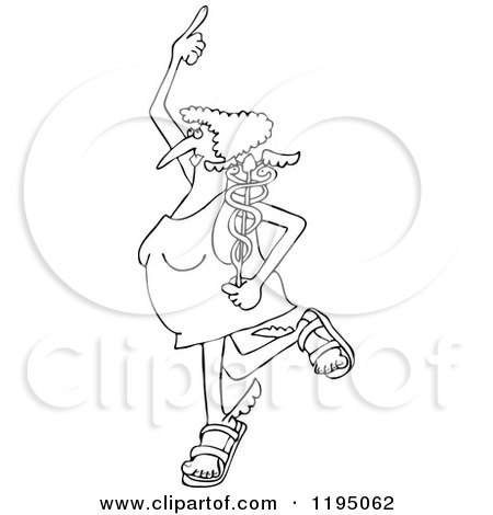 Cartoon of an Outlined Messenger Woman with a Caduceus - Royalty Free Vector Clipart by djart