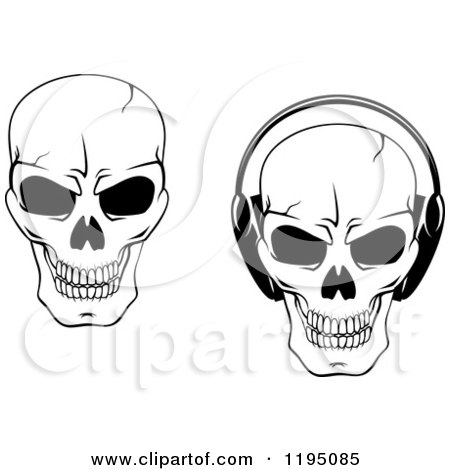Clipart of Black and White Cracked Skulls with Headphones - Royalty Free Vector Illustration by Vector Tradition SM
