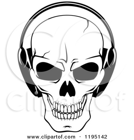 Clipart of a Black and White Cracked Skull Wearing Headphones - Royalty Free Vector Illustration by Vector Tradition SM