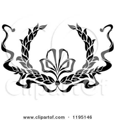 Clipart of a Black and White Laurel Wreath with a Bow and Ribbons 9 - Royalty Free Vector Illustration by Vector Tradition SM