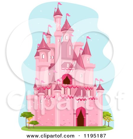Cartoon of a Pink Fairy Tale Castle and Trees over Blue - Royalty Free Vector Clipart by BNP Design Studio