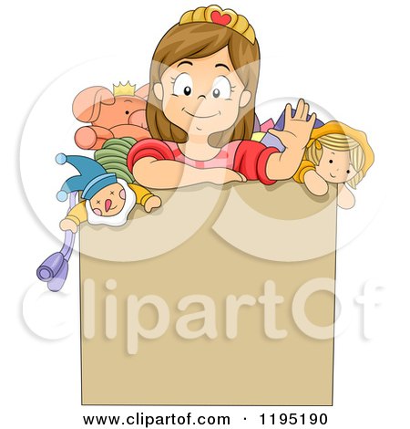 Cartoon of a Happy Brunette Girl Waving from Inside a Toy Box - Royalty Free Vector Clipart by BNP Design Studio