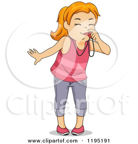 Cartoon of a Red Haired Girl Blowing a Whistle - Royalty Free Vector Clipart by BNP Design Studio
