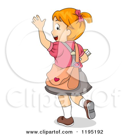 Cartoon of a Happy Red Haired School Girl Waving and Glancing Back - Royalty Free Vector Clipart by BNP Design Studio