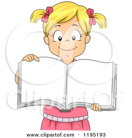 Cartoon of a Happy Blond Girl Showing Pages of an Open Book - Royalty Free Vector Clipart by BNP Design Studio