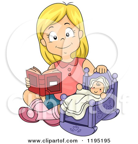 Cartoon of a Happy Blond Girl Reading to a Baby Doll - Royalty Free Vector Clipart by BNP Design Studio
