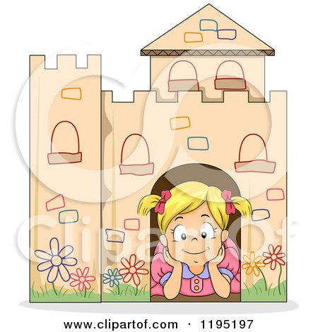 Cartoon of a Happy Blond Girl Day Dreaming in a Cardboard Castle - Royalty Free Vector Clipart by BNP Design Studio