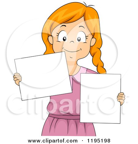 Cartoon of a Happy Red Haired Girl Holding Blank Boards - Royalty Free Vector Clipart by BNP Design Studio