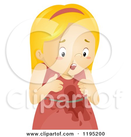 Cartoon of a Worried Blond Girl with a Spill on Her Dress - Royalty Free Vector Clipart by BNP Design Studio