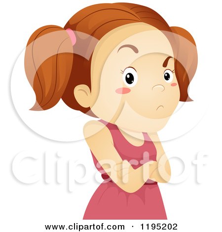 Cartoon of a Stubborn Brunette Girl with Folded Arms - Royalty Free Vector Clipart by BNP Design Studio