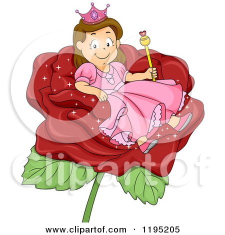 Cartoon of a Happy Brunette Princess Girl in a Red Rose - Royalty Free Vector Clipart by BNP Design Studio