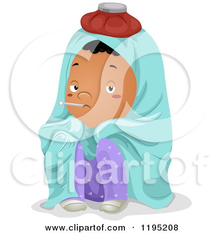 Cartoon of a Sick Boy with a Blanket Ice Bag and Thermometer - Royalty Free Vector Clipart by BNP Design Studio