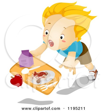 Cartoon of a Blond Boy Tripping and Dropping His Lunch - Royalty Free Vector Clipart by BNP Design Studio