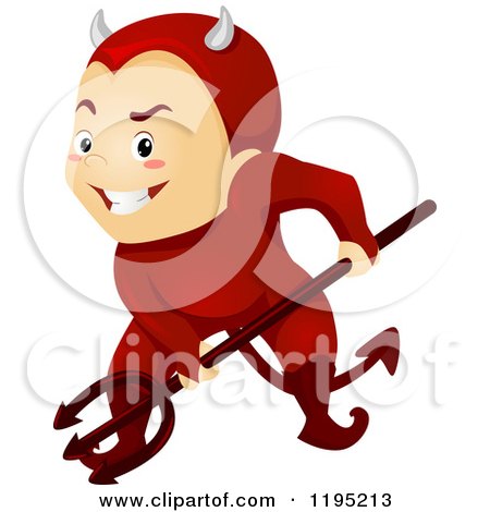 Cartoon of a Grinning Devil Boy Holding a Pitchfork - Royalty Free Vector Clipart by BNP Design Studio