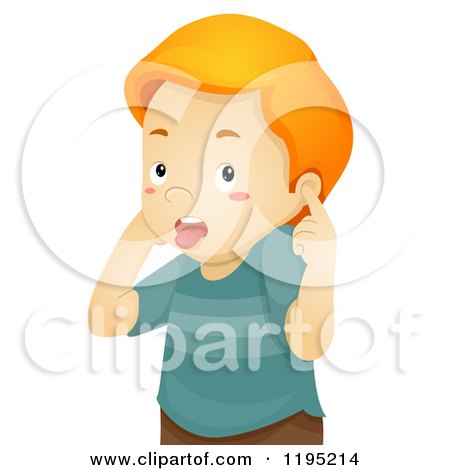 Cartoon of a Stubborn Boy Plugging His Ears - Royalty Free Vector Clipart by BNP Design Studio