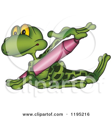 Cartoon of a Frog Holding and Touching the Tip of a Marker - Royalty Free Vector Clipart by dero