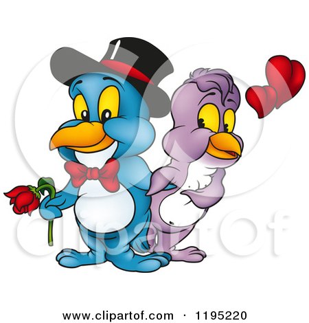 Cartoon of a Love Bird Couple with Hearts and a Flower - Royalty Free Vector Clipart by dero