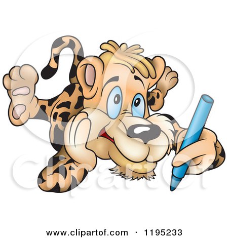 Cartoon of a Leopard Laying on His Tummy and Drawing - Royalty Free Vector Clipart by dero