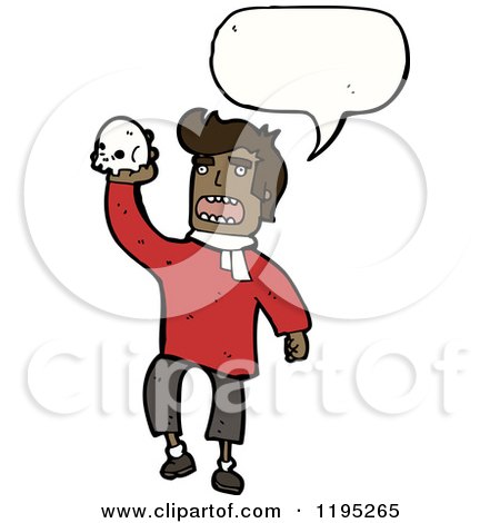 Cartoon of a Black Man Holding a Skull Speaking - Royalty Free Vector Illustration by lineartestpilot