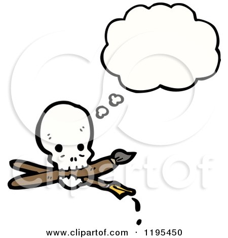Cartoon of a Skull with Pen and Paintbrush Thinking - Royalty Free Vector Illustration by lineartestpilot