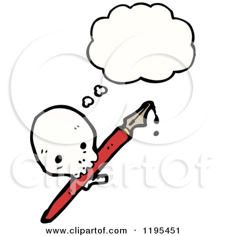 Cartoon of a Skull with Pen Thinking - Royalty Free Vector Illustration by lineartestpilot