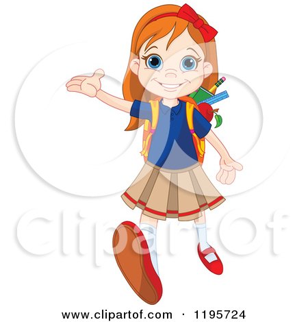 Cartoon of a Happy Red Haired School Girl Holding up a Hand and Walking Forward - Royalty Free Vector Clipart by Pushkin