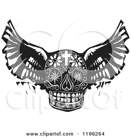 Clipart of a Winged Day of the Dead Skull Black and White Woodcut - Royalty Free Vector Illustration by xunantunich