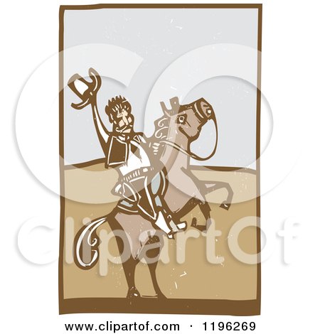 Clipart of a Woodcut Cowboy Holding up His Hat on a Rearing Horse - Royalty Free Vector Illustration by xunantunich