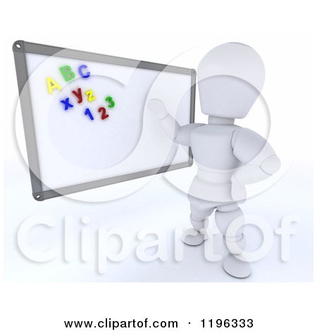 Clipart of a 3d White Character Teacher with Magnets on a White Board - Royalty Free CGI Illustration by KJ Pargeter