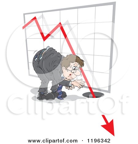 Cartoon of a Caucasian Businessman Watching a Chart Arrow Crash into the Ground - Royalty Free Vector Clipart by Alex Bannykh