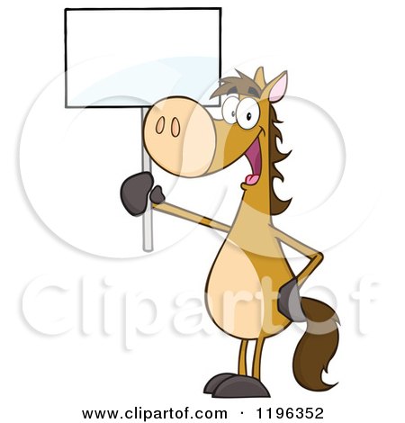 Cartoon of a Happy Brown Horse Holding up a Sign - Royalty Free Vector Clipart by Hit Toon