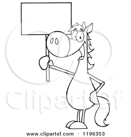 Cartoon of an Outlined Horse Holding up a Sign - Royalty Free Vector Clipart by Hit Toon
