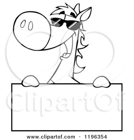 Cartoon of an Outlined Horse Wearing Sunglasses and Holding up a Sign - Royalty Free Vector Clipart by Hit Toon