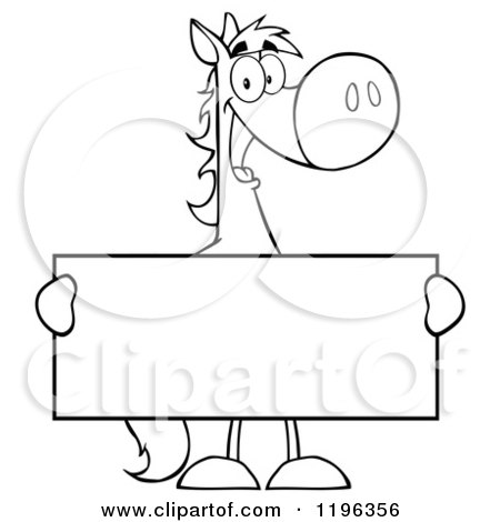 Cartoon of an Outlined Horse Holding a Sign - Royalty Free Vector Clipart by Hit Toon