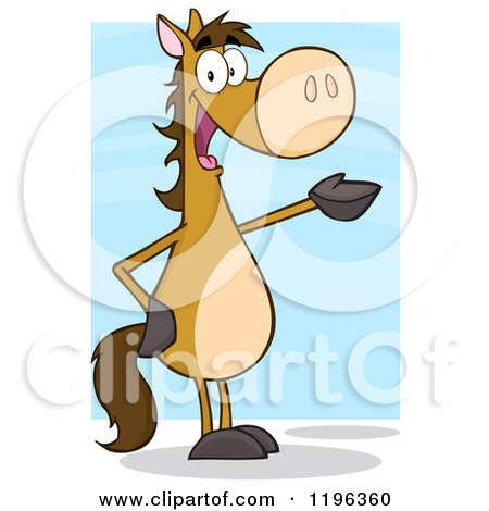 Cartoon of a Brown Horse Standing up and Presenting over Blue - Royalty Free Vector Clipart by Hit Toon
